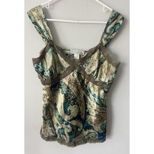 Vintage Kelly Renee Large Green Brown Paisley Satin Cami Tank Top Lace Fairy Y2K